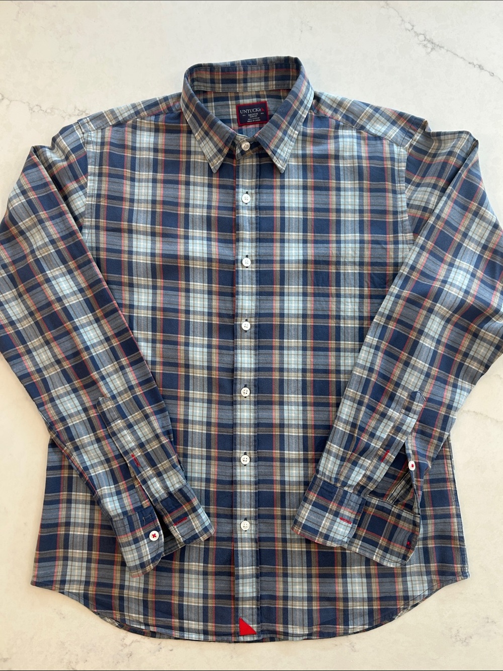 UNTUCKit Men's Navy, Light Blue & tan Plaid Button-Down Shirt
